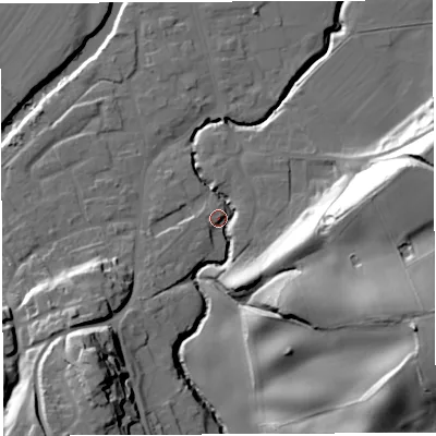 Shaded relief map of the ground around WR158ER, computed from Environment Agency LiDAR. The ground here sits at about 55 m above sea level and falls 39 m across the surrounding 800 m. Surface water reaching this point runs off ground lying to the west-south-west, 5.2 m higher.