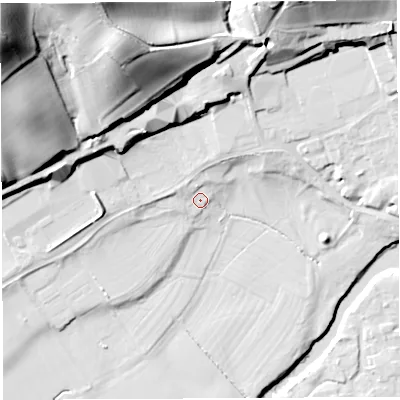 Shaded relief map of the ground around WR158HD, computed from Environment Agency LiDAR. The ground here sits at about 56 m above sea level and falls 56 m across the surrounding 800 m. Surface water reaching this point runs off ground lying to the west, 2.1 m higher.