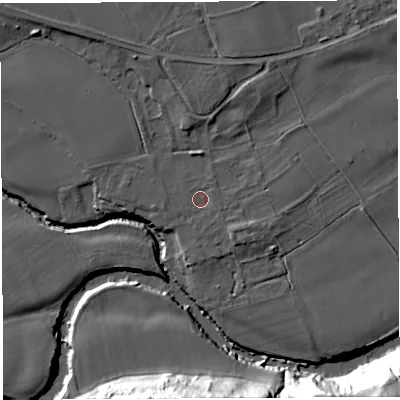 Shaded relief map of the ground around WR158HG, computed from Environment Agency LiDAR. The ground here sits at about 57 m above sea level and falls 35 m across the surrounding 800 m. Surface water reaching this point runs off ground lying to the west-south-west, 0.7 m higher.