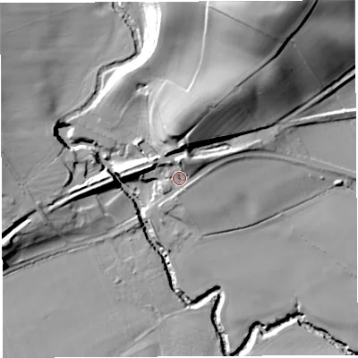 Shaded relief map of the ground around WR158HH, computed from Environment Agency LiDAR. The ground here sits at about 61 m above sea level and falls 39 m across the surrounding 800 m. Surface water reaching this point runs off ground lying to the north-north-east, 5.9 m higher.