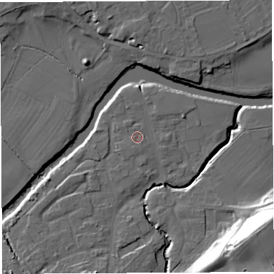 Shaded relief map of the ground around WR158HT, computed from Environment Agency LiDAR. The ground here sits at about 54 m above sea level and falls 34 m across the surrounding 800 m. Surface water reaching this point runs off ground lying to the south-south-west, 1.2 m higher.