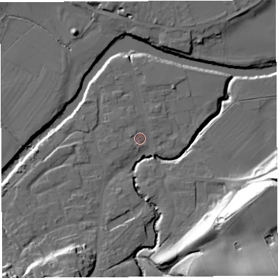 Shaded relief map of the ground around WR158HZ, computed from Environment Agency LiDAR. The ground here sits at about 54 m above sea level and falls 37 m across the surrounding 800 m. Surface water reaching this point runs off ground lying to the south-south-west, 16.5 m higher.