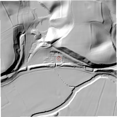 Shaded relief map of the ground around WR158JA, computed from Environment Agency LiDAR. The ground here sits at about 53 m above sea level and falls 48 m across the surrounding 800 m. Surface water reaching this point runs off ground lying to the north-east, 37.7 m higher.