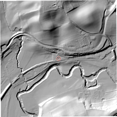 Shaded relief map of the ground around WR158JE, computed from Environment Agency LiDAR. The ground here sits at about 55 m above sea level and falls 53 m across the surrounding 800 m. Surface water reaching this point runs off ground lying to the north, 42.8 m higher.