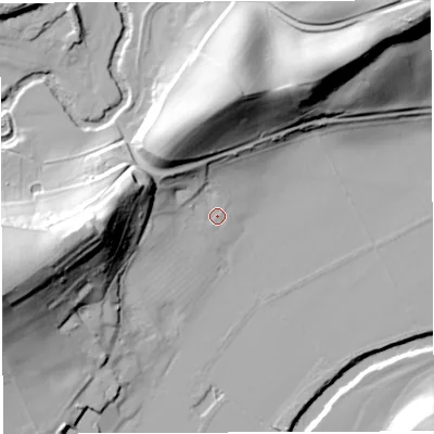 Shaded relief map of the ground around WR158JF, computed from Environment Agency LiDAR. The ground here sits at about 49 m above sea level and falls 50 m across the surrounding 800 m. Surface water reaching this point runs off ground lying to the north-north-west, 27.6 m higher.