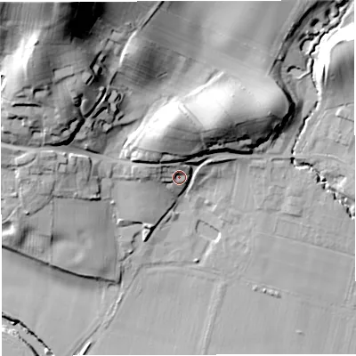 Shaded relief map of the ground around WR158JJ, computed from Environment Agency LiDAR. The ground here sits at about 51 m above sea level and falls 63 m across the surrounding 800 m. Surface water reaching this point runs off ground lying to the north-north-west, 5.8 m higher.