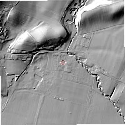 Shaded relief map of the ground around WR158JN, computed from Environment Agency LiDAR. The ground here sits at about 49 m above sea level and falls 37 m across the surrounding 800 m. Surface water reaching this point runs off ground lying to the north-north-west, 2.0 m higher.