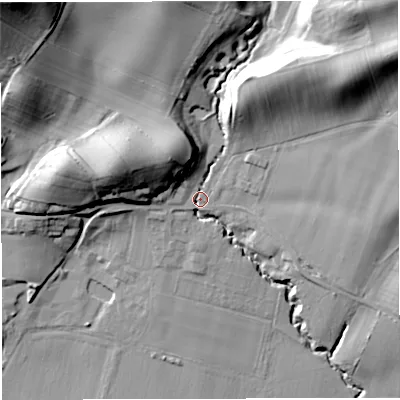 Shaded relief map of the ground around WR158JP, computed from Environment Agency LiDAR. The ground here sits at about 50 m above sea level and falls 41 m across the surrounding 800 m. Surface water reaching this point runs off ground lying to the north-east, 31.8 m higher.