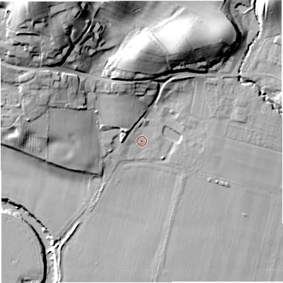 Shaded relief map of the ground around WR158LF, computed from Environment Agency LiDAR. The ground here sits at about 45 m above sea level and falls 44 m across the surrounding 800 m. Surface water reaching this point runs off ground lying to the north-north-west, 1.8 m higher.