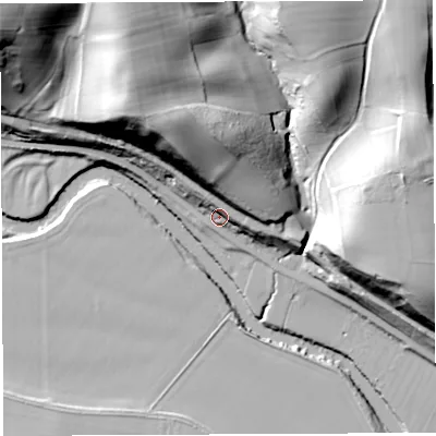 Shaded relief map of the ground around WR158LL, computed from Environment Agency LiDAR. The ground here sits at about 57 m above sea level and falls 60 m across the surrounding 800 m. Surface water reaching this point runs off ground lying to the north-north-west, 25.5 m higher.