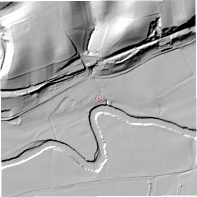 Shaded relief map of the ground around WR158LN, computed from Environment Agency LiDAR. The ground here sits at about 52 m above sea level and falls 41 m across the surrounding 800 m. Surface water reaching this point runs off ground lying to the north-north-east, 31.8 m higher.