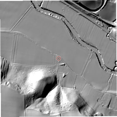 Shaded relief map of the ground around WR158NH, computed from Environment Agency LiDAR. The ground here sits at about 53 m above sea level and falls 60 m across the surrounding 800 m. Surface water reaching this point runs off ground lying to the south-west, 55.0 m higher.