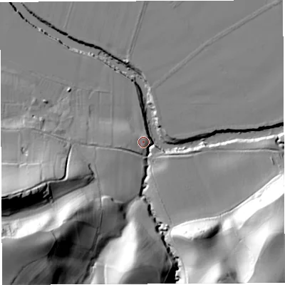 Shaded relief map of the ground around WR158NL, computed from Environment Agency LiDAR. The ground here sits at about 50 m above sea level and falls 55 m across the surrounding 800 m. Surface water reaching this point runs off ground lying to the south-west, 53.3 m higher.