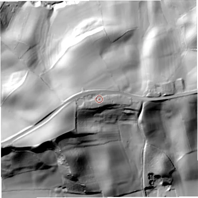 Shaded relief map of the ground around WR158NU, computed from Environment Agency LiDAR. The ground here sits at about 100 m above sea level and falls 60 m across the surrounding 800 m. Surface water reaching this point runs off ground lying to the west-south-west, 5.8 m higher.