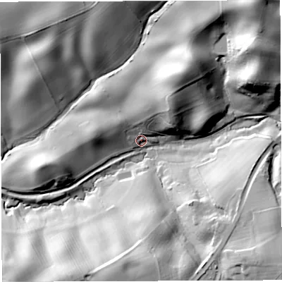 Shaded relief map of the ground around WR158NY, computed from Environment Agency LiDAR. The ground here sits at about 79 m above sea level and falls 51 m across the surrounding 800 m. Surface water reaching this point runs off ground lying to the north-north-east, 26.1 m higher.
