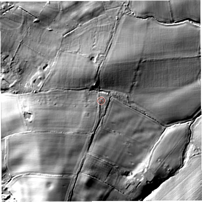 Shaded relief map of the ground around WR158PN, computed from Environment Agency LiDAR. The ground here sits at about 96 m above sea level and falls 24 m across the surrounding 800 m. Surface water reaching this point runs off ground lying to the west-south-west, 12.3 m higher.