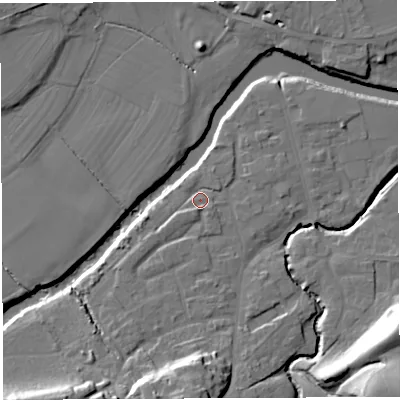 Shaded relief map of the ground around WR158QE, computed from Environment Agency LiDAR. The ground here sits at about 55 m above sea level and falls 25 m across the surrounding 800 m. Surface water reaching this point runs off ground lying to the south-south-west, 2.5 m higher.
