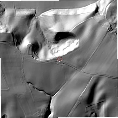 Shaded relief map of the ground around WR158SH, computed from Environment Agency LiDAR. The ground here sits at about 97 m above sea level and falls 54 m across the surrounding 800 m. Surface water reaching this point runs off ground lying to the east-north-east, 2.0 m higher.