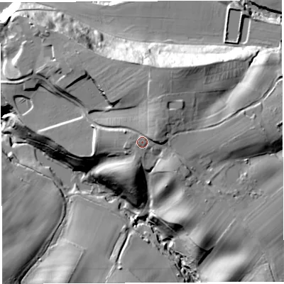 Shaded relief map of the ground around WR158TH, computed from Environment Agency LiDAR. The ground here sits at about 87 m above sea level and falls 41 m across the surrounding 800 m. Surface water reaching this point runs off ground lying to the north-east, 5.3 m higher.