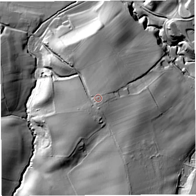 Shaded relief map of the ground around WR158TJ, computed from Environment Agency LiDAR. The ground here sits at about 86 m above sea level and falls 35 m across the surrounding 800 m. Surface water reaching this point runs off ground lying to the south-south-east, 2.0 m higher.