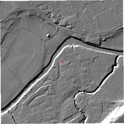 Shaded relief map of the ground around WR158TZ, computed from Environment Agency LiDAR. The ground here sits at about 54 m above sea level and falls 31 m across the surrounding 800 m. Surface water reaching this point runs off ground lying to the south-south-west, 3.2 m higher.