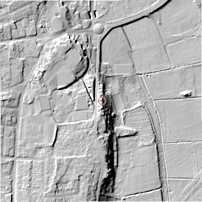 Shaded relief map of the ground around WR24AD, computed from Environment Agency LiDAR. The ground here sits at about 24 m above sea level and falls 17 m across the surrounding 800 m. Surface water reaching this point runs off ground lying to the south-south-west, 4.4 m higher.