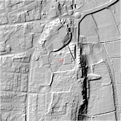 Shaded relief map of the ground around WR24AF, computed from Environment Agency LiDAR. The ground here sits at about 25 m above sea level and falls 17 m across the surrounding 800 m. Surface water reaching this point runs off ground lying to the south, 3.7 m higher.
