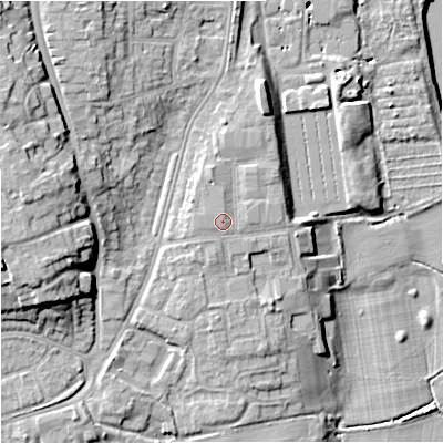 Shaded relief map of the ground around WR24AY, computed from Environment Agency LiDAR. The ground here sits at about 21 m above sea level and falls 18 m across the surrounding 800 m. Surface water reaching this point runs off ground lying to the north-north-east, 0.6 m higher.