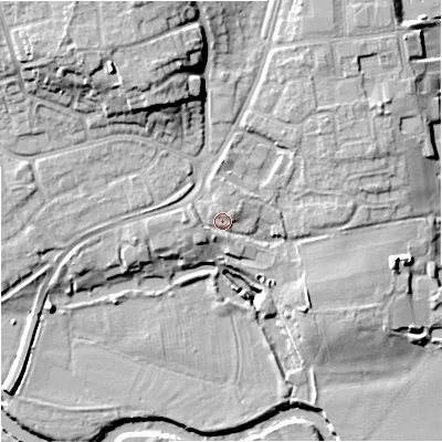 Shaded relief map of the ground around WR24BS, computed from Environment Agency LiDAR. The ground here sits at about 19 m above sea level and falls 18 m across the surrounding 800 m. Surface water reaching this point runs off ground lying to the west, 1.9 m higher.
