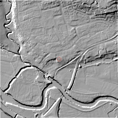Shaded relief map of the ground around WR24BU, computed from Environment Agency LiDAR. The ground here sits at about 18 m above sea level and falls 18 m across the surrounding 800 m. Surface water reaching this point runs off ground lying to the west-north-west, 0.8 m higher.