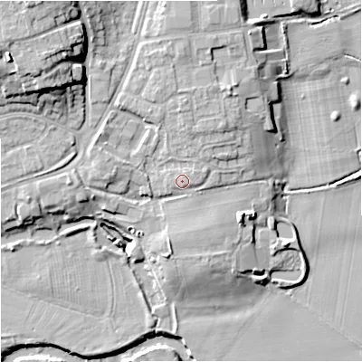 Shaded relief map of the ground around WR24BZ, computed from Environment Agency LiDAR. The ground here sits at about 19 m above sea level and falls 18 m across the surrounding 800 m. Surface water reaching this point runs off ground lying to the north-east, 1.4 m higher.