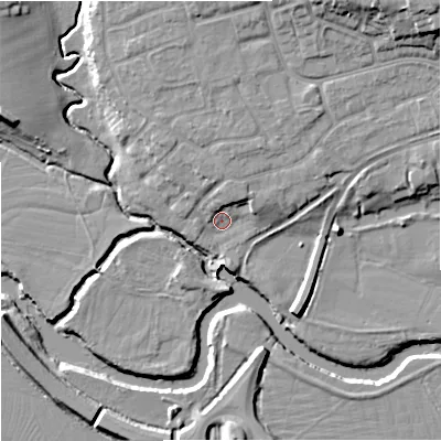 Shaded relief map of the ground around WR24DD, computed from Environment Agency LiDAR. The ground here sits at about 15 m above sea level and falls 17 m across the surrounding 800 m. Surface water reaching this point runs off ground lying to the north, 4.0 m higher.