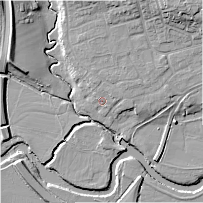 Shaded relief map of the ground around WR24EB, computed from Environment Agency LiDAR. The ground here sits at about 17 m above sea level and falls 17 m across the surrounding 800 m. Surface water reaching this point runs off ground lying to the north-north-east, 2.7 m higher.