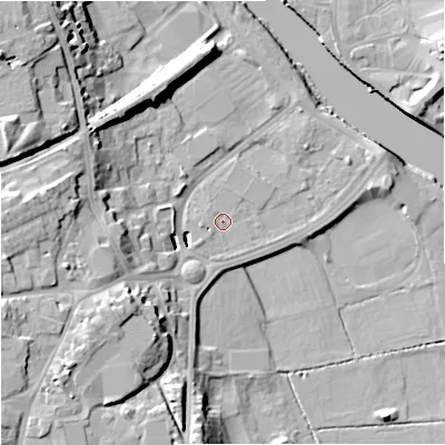 Shaded relief map of the ground around WR24QG, computed from Environment Agency LiDAR. The ground here sits at about 15 m above sea level and falls 20 m across the surrounding 800 m. Surface water reaching this point runs off ground lying to the south-west, 1.7 m higher.