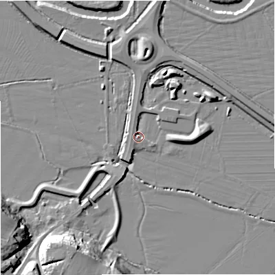 Shaded relief map of the ground around WR24QP, computed from Environment Agency LiDAR. The ground here sits at about 15 m above sea level and falls 16 m across the surrounding 800 m. Surface water reaching this point runs off ground lying to the east, 3.8 m higher.