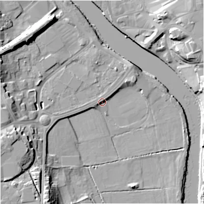 Shaded relief map of the ground around WR24QQ, computed from Environment Agency LiDAR. The ground here sits at about 15 m above sea level and falls 16 m across the surrounding 800 m. Surface water reaching this point runs off ground lying to the west-south-west, 11.6 m higher.