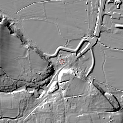 Shaded relief map of the ground around WR24QR, computed from Environment Agency LiDAR. The ground here sits at about 15 m above sea level and falls 24 m across the surrounding 800 m. Surface water reaching this point runs off ground lying to the west, 20.5 m higher.