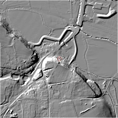 Shaded relief map of the ground around WR24QS, computed from Environment Agency LiDAR. The ground here sits at about 16 m above sea level and falls 17 m across the surrounding 800 m. Surface water reaching this point runs off ground lying to the south-south-west, 13.5 m higher.