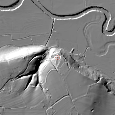 Shaded relief map of the ground around WR24RD, computed from Environment Agency LiDAR. The ground here sits at about 35 m above sea level and falls 33 m across the surrounding 800 m. Surface water reaching this point runs off ground lying to the south-east, 8.7 m higher.