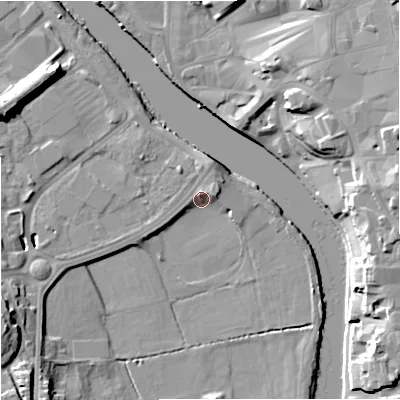 Shaded relief map of the ground around WR24RL, computed from Environment Agency LiDAR. The ground here sits at about 15 m above sea level and falls 15 m across the surrounding 800 m. Surface water reaching this point runs off ground lying to the north-north-east, 2.1 m higher.