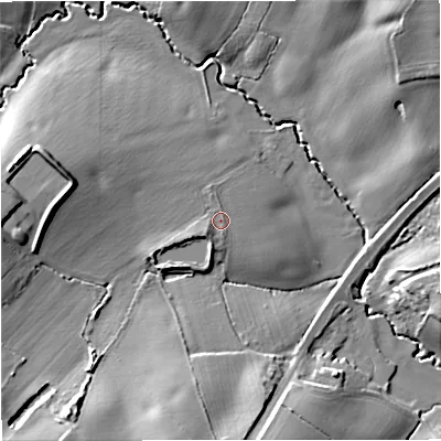Shaded relief map of the ground around WR24SY, computed from Environment Agency LiDAR. The ground here sits at about 32 m above sea level and falls 18 m across the surrounding 800 m. Surface water reaching this point runs off ground lying to the north, 0.8 m higher.
