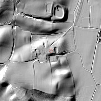 Shaded relief map of the ground around WR24TH, computed from Environment Agency LiDAR. The ground here sits at about 28 m above sea level and falls 43 m across the surrounding 800 m. Surface water reaching this point runs off ground lying to the west-south-west, 2.2 m higher.