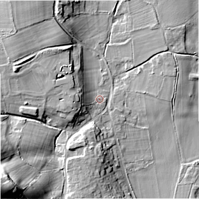 Shaded relief map of the ground around WR24TY, computed from Environment Agency LiDAR. The ground here sits at about 17 m above sea level and falls 31 m across the surrounding 800 m. Surface water reaching this point runs off ground lying to the west, 7.7 m higher.