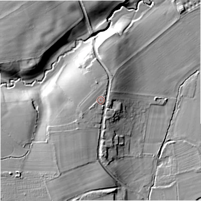 Shaded relief map of the ground around WR24TZ, computed from Environment Agency LiDAR. The ground here sits at about 26 m above sea level and falls 13 m across the surrounding 800 m. Surface water reaching this point runs off ground lying to the south-west, 2.3 m higher.