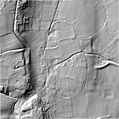 Shaded relief map of the ground around WR24UG, computed from Environment Agency LiDAR. The ground here sits at about 16 m above sea level and falls 14 m across the surrounding 800 m. Surface water reaching this point runs off ground lying to the east-south-east, 2.9 m higher.