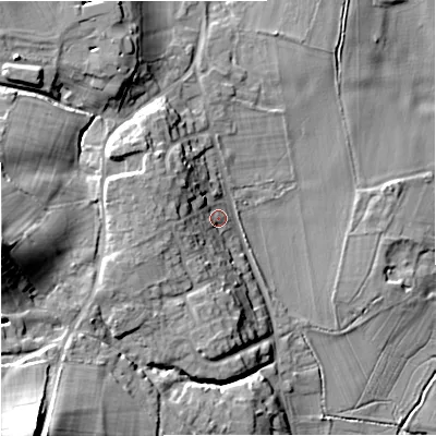 Shaded relief map of the ground around WR24UH, computed from Environment Agency LiDAR. The ground here sits at about 17 m above sea level and falls 30 m across the surrounding 800 m. Surface water reaching this point runs off ground lying to the west-south-west, 7.5 m higher.