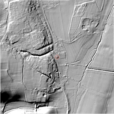 Shaded relief map of the ground around WR24UN, computed from Environment Agency LiDAR. The ground here sits at about 16 m above sea level and falls 30 m across the surrounding 800 m. Surface water reaching this point runs off ground lying to the west-south-west, 7.7 m higher.