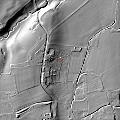 Shaded relief map of the ground around WR24UP, computed from Environment Agency LiDAR. The ground here sits at about 18 m above sea level and falls 14 m across the surrounding 800 m. Surface water reaching this point runs off ground lying to the west-north-west, 7.1 m higher.