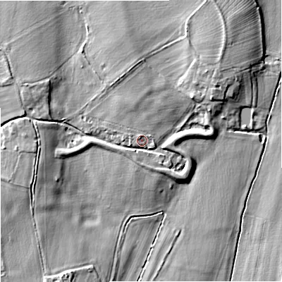 Shaded relief map of the ground around WR24UQ, computed from Environment Agency LiDAR. The ground here sits at about 15 m above sea level and falls 7 m across the surrounding 800 m. Surface water reaching this point runs off ground lying to the north-east, 5.0 m higher.