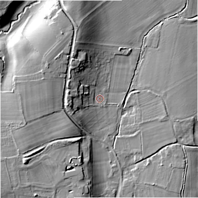 Shaded relief map of the ground around WR24UR, computed from Environment Agency LiDAR. The ground here sits at about 16 m above sea level and falls 14 m across the surrounding 800 m. Surface water reaching this point runs off ground lying to the west, 9.3 m higher.
